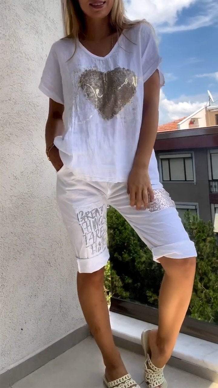 Women’s Cotton-Linen V-Neck Set – Gold-Detail Top and Matching Shorts