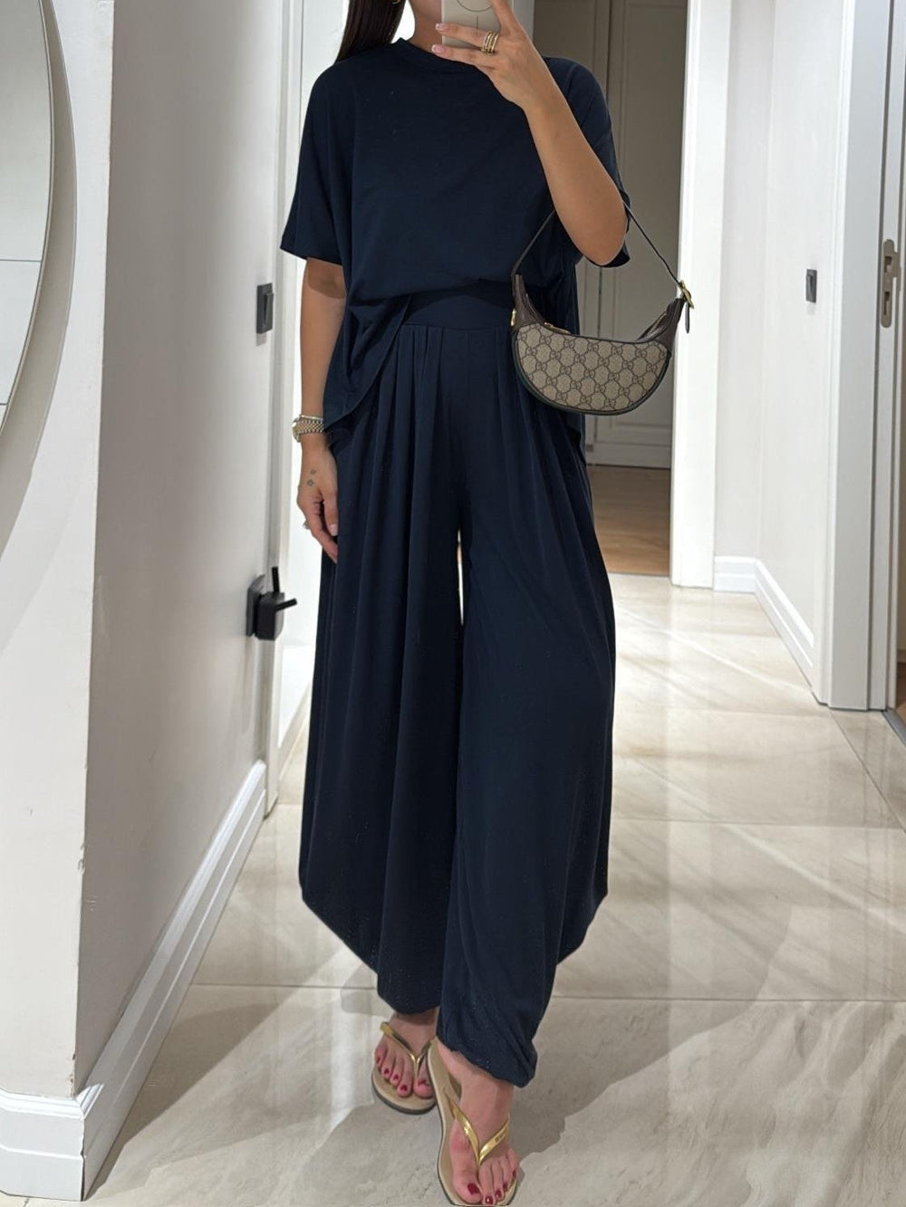 Women's Cotton-Modal Lounge Set – Light Grey Top and Wide-Leg Trousers