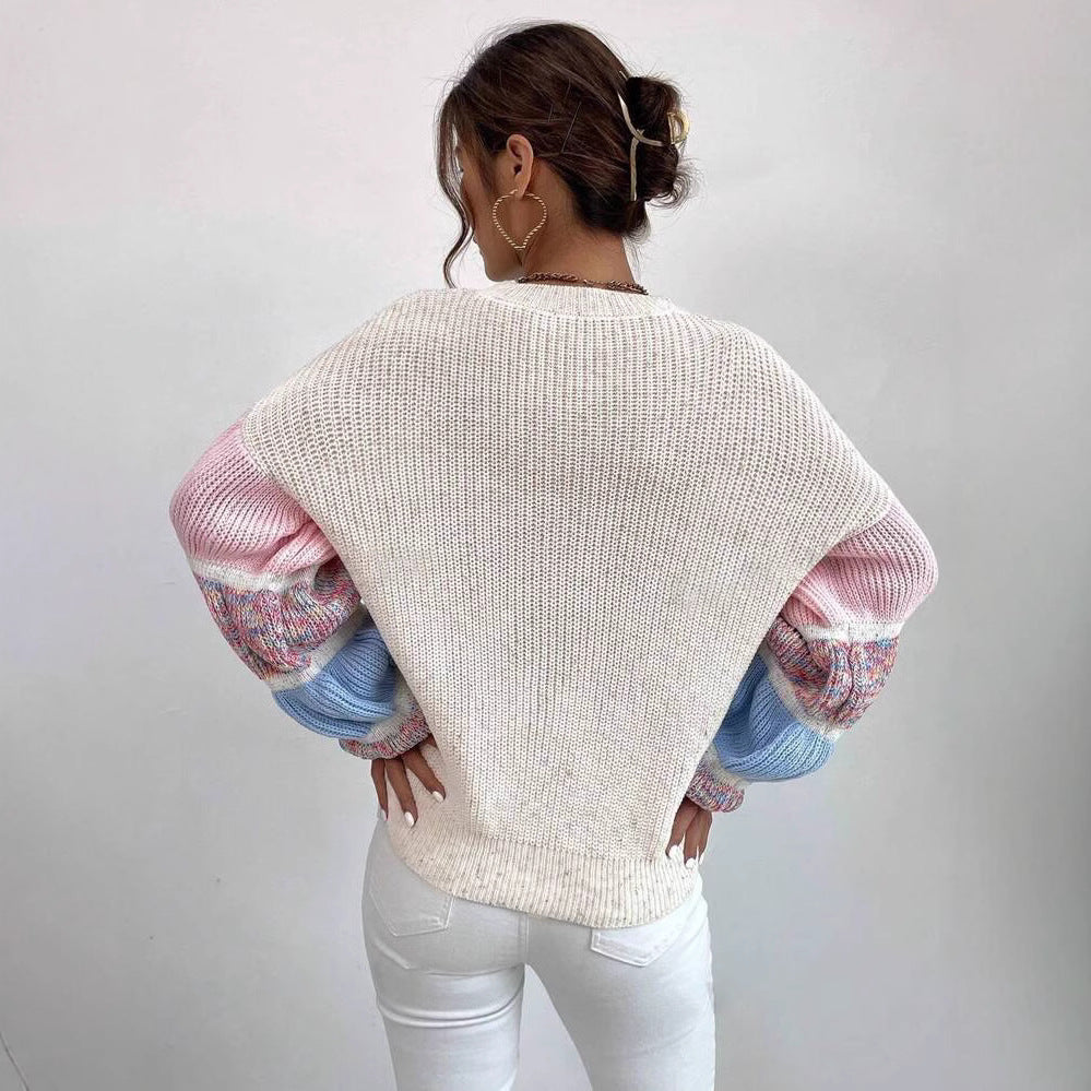 Women's Cream and Pink Colour-Block Sweater – Puff Sleeves, S–2XL