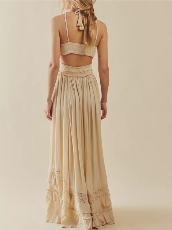 Women's Cream Backless Maxi Dress – Cotton-Rayon Flowing Fit