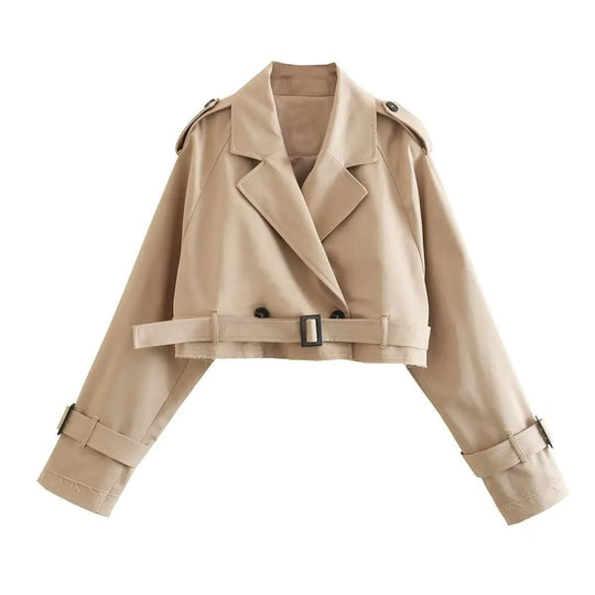 Women’s Cropped Belted Trench Coat for Light Wind and Rain