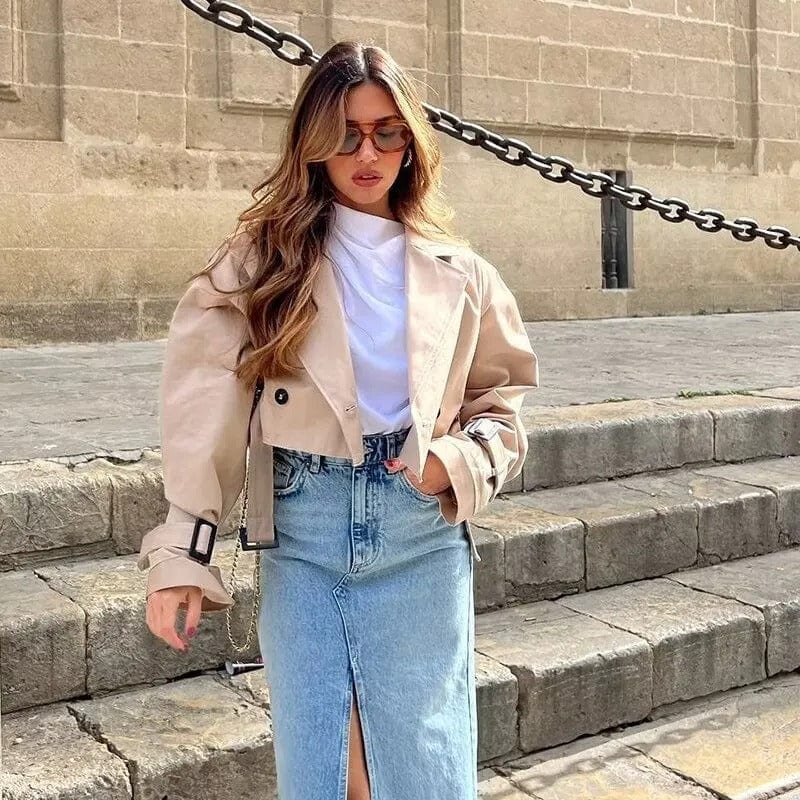 Women’s Cropped Belted Trench Coat for Light Wind and Rain