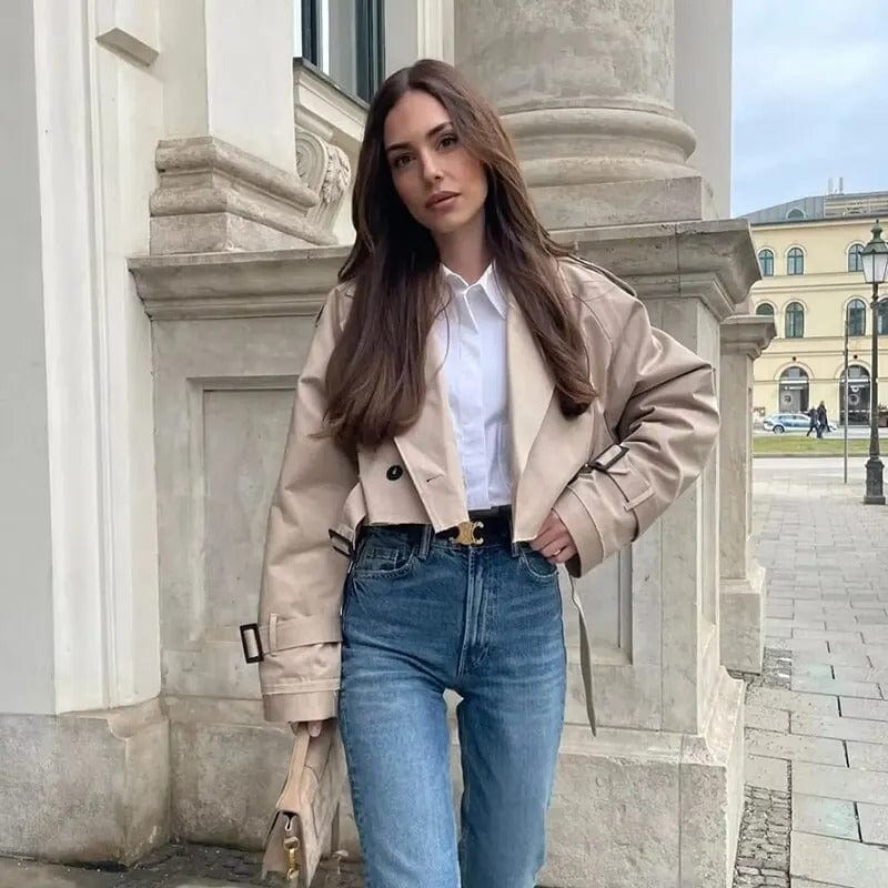 Women’s Cropped Belted Trench Coat for Light Wind and Rain