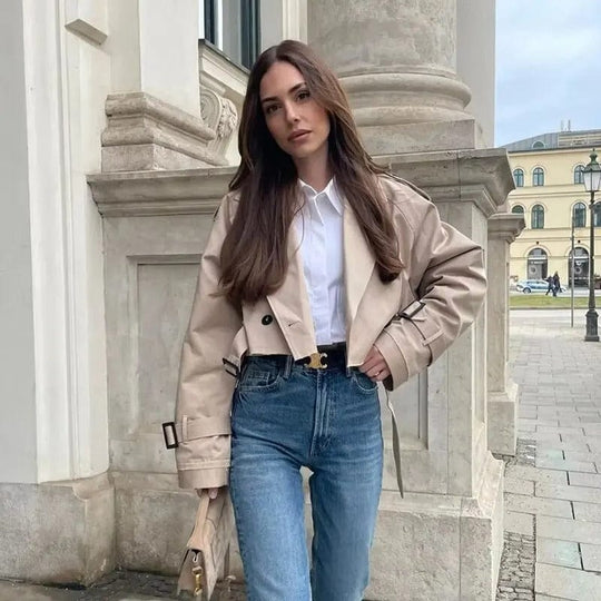 Women’s Cropped Belted Trench Coat for Light Wind and Rain