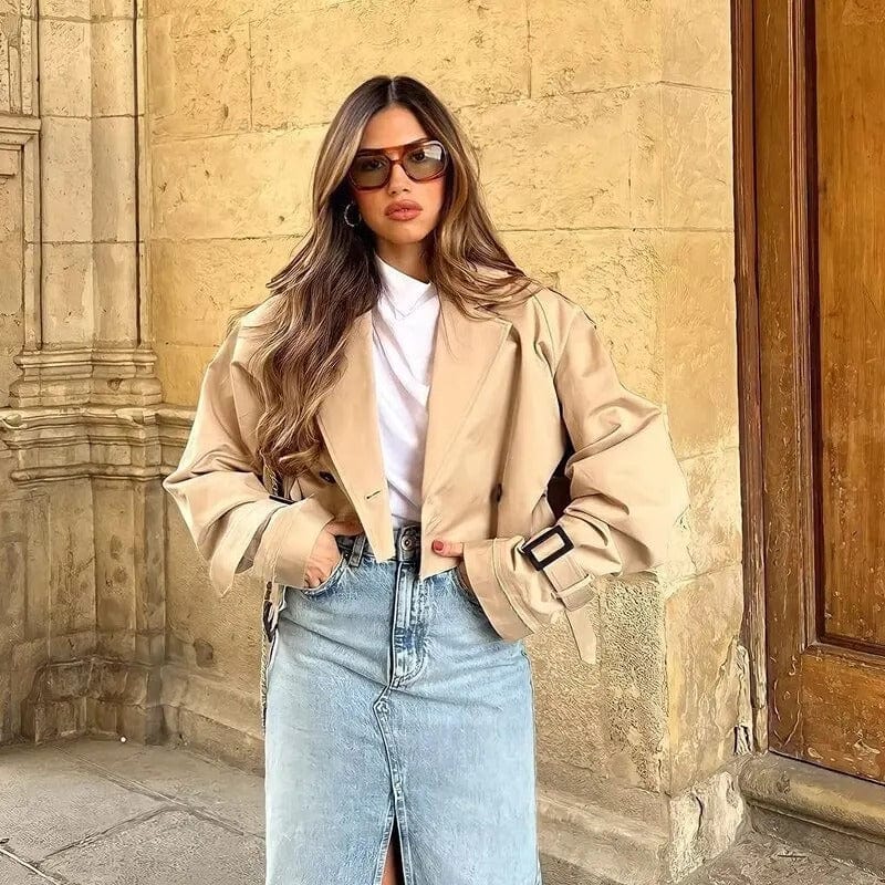 Women’s Cropped Belted Trench Coat for Light Wind and Rain