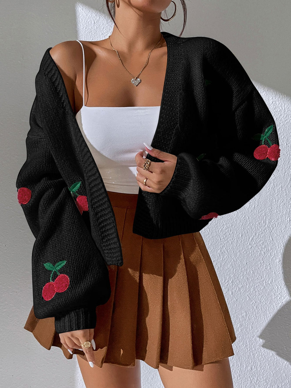 Women's Cropped Cherry-Embroidered V-Neck Cardigan, S–XL
