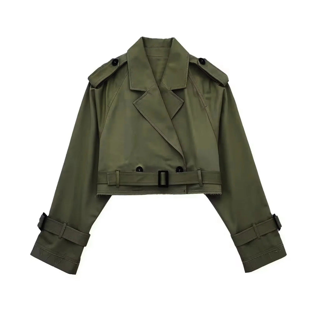 Women’s Cropped Double-Breasted Trench Coat with Adjustable Belt
