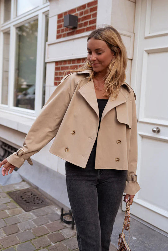 Women’s Cropped Double-Breasted Trench Coat with Adjustable Cuffs