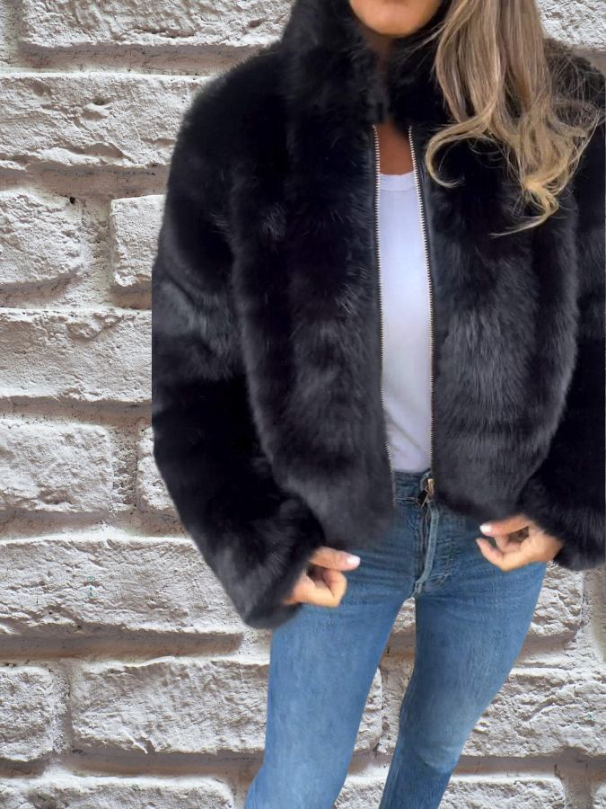 Women's Cropped Faux-Fur Jacket – Long-Sleeve Zip-Up Outerwear