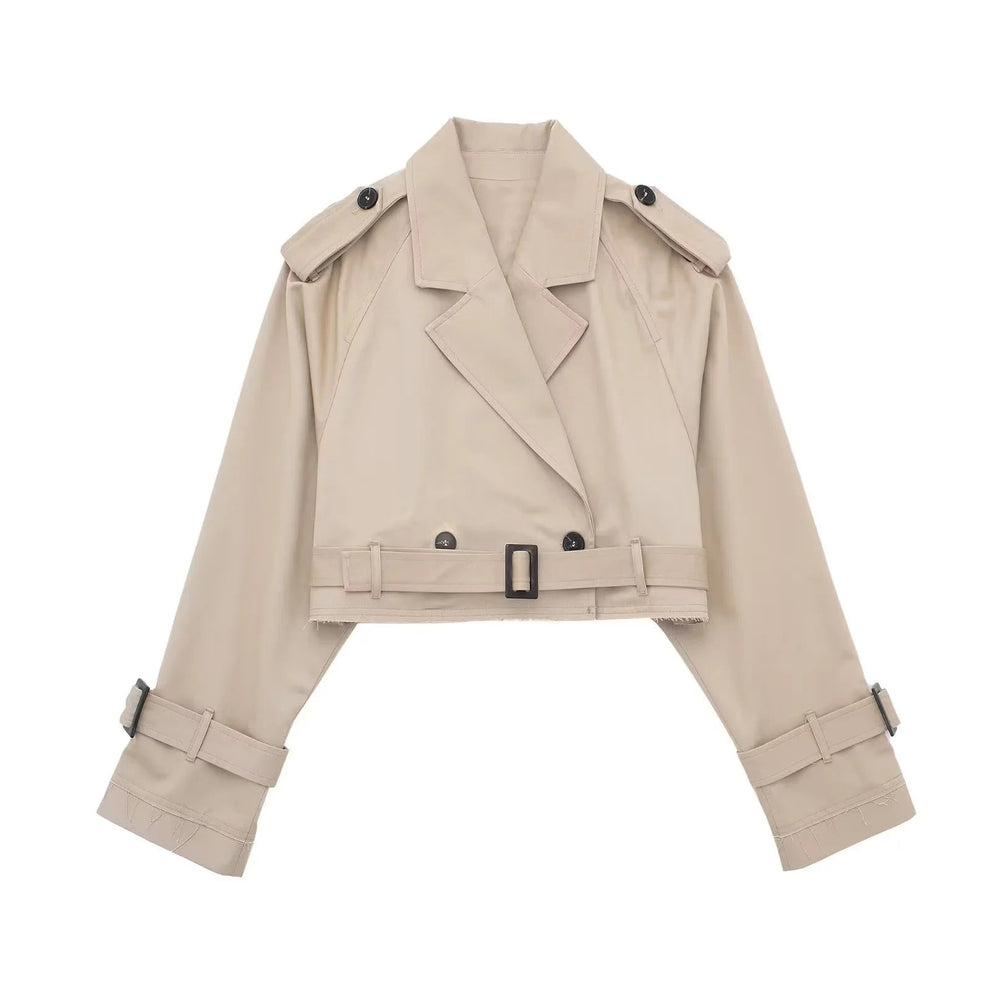 Women’s Cropped Polyester Trench Coat with Adjustable Belt