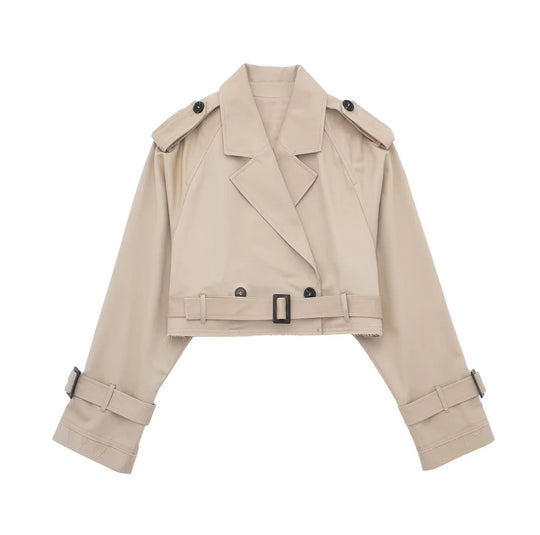 Women’s Cropped Polyester Trench Coat with Adjustable Belt