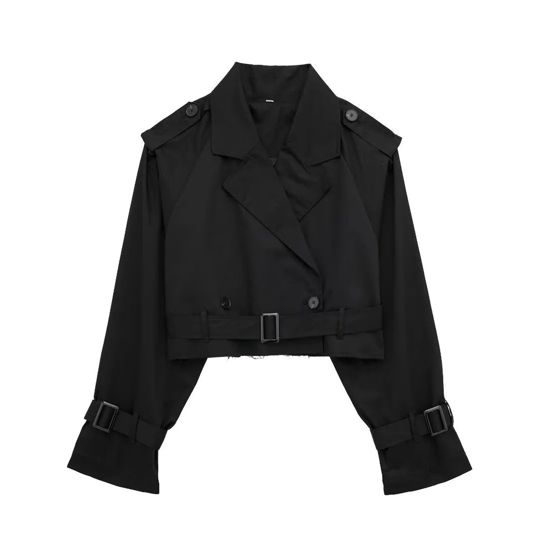 Women’s Cropped Polyester Trench Coat with Adjustable Belt