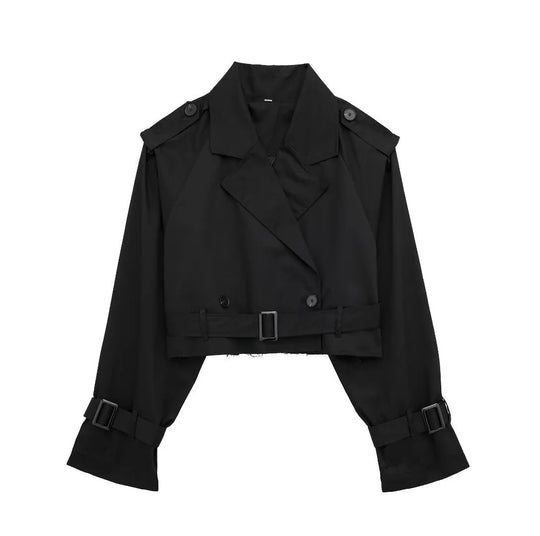 Women’s Cropped Polyester Trench Coat with Adjustable Belt