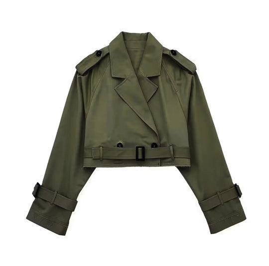 Women’s Cropped Polyester Trench Coat with Adjustable Belt