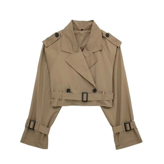 Women’s Cropped Polyester Trench Coat with Adjustable Belt