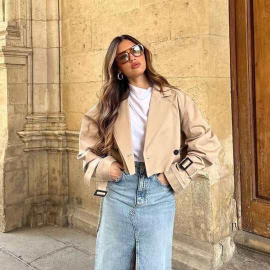 Women’s Cropped Polyester Trench Coat with Adjustable Belt