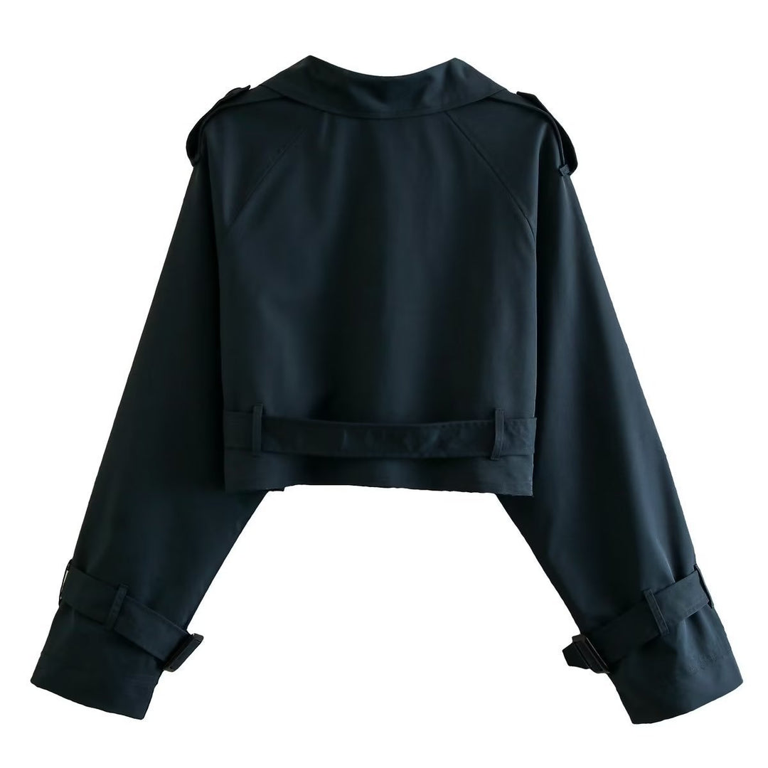 Women’s Cropped Polyester Trench Coat with Adjustable Belt