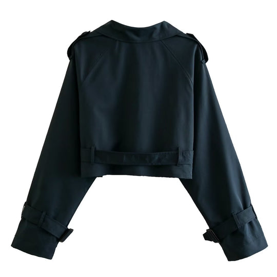 Women’s Cropped Polyester Trench Coat with Adjustable Belt