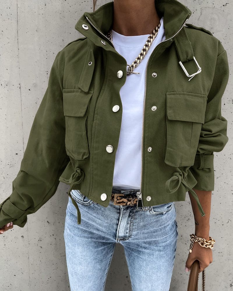 Women's Cropped Utility Jacket – Stand Collar and Cargo Pockets