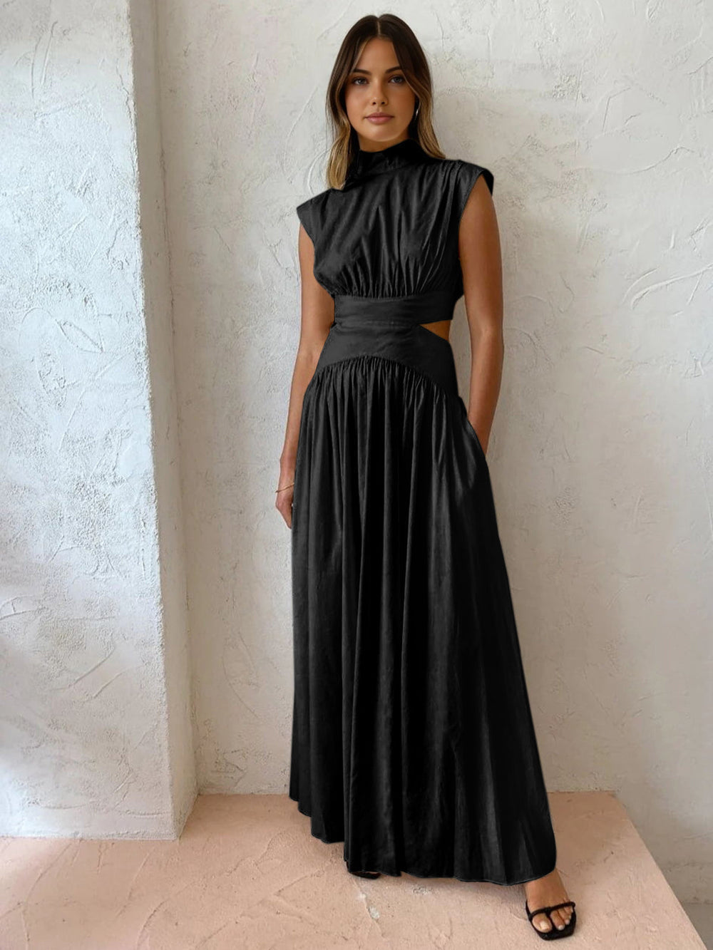 Women's Cutout High-Neck Maxi Dress with Side Pockets