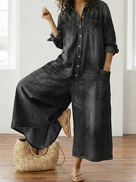Women’s Dark-Wash Denim Utility Jumpsuit – Button Front with Patch Pockets
