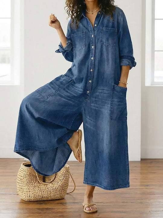 Women’s Dark-Wash Denim Utility Jumpsuit – Button Front with Patch Pockets