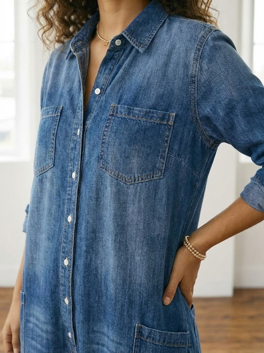 Women’s Dark-Wash Denim Utility Jumpsuit – Button Front with Patch Pockets