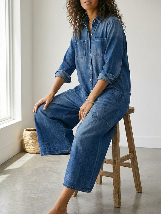 Women’s Dark-Wash Denim Utility Jumpsuit – Button Front with Patch Pockets