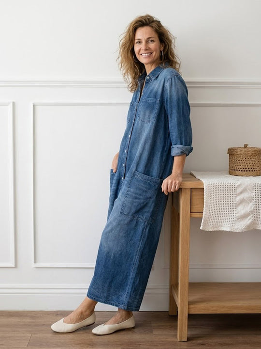 Women’s Dark-Wash Denim Utility Jumpsuit – Button Front with Patch Pockets