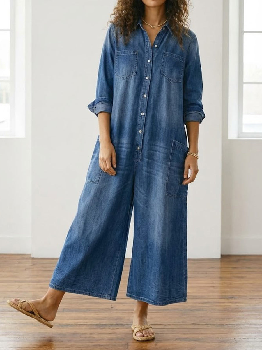 Women’s Dark-Wash Denim Utility Jumpsuit – Button Front with Patch Pockets