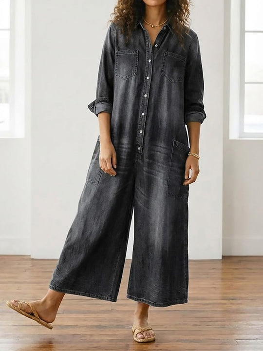 Women’s Dark-Wash Denim Utility Jumpsuit – Button Front with Patch Pockets