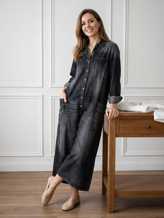 Women’s Dark-Wash Denim Utility Jumpsuit – Button Front with Patch Pockets