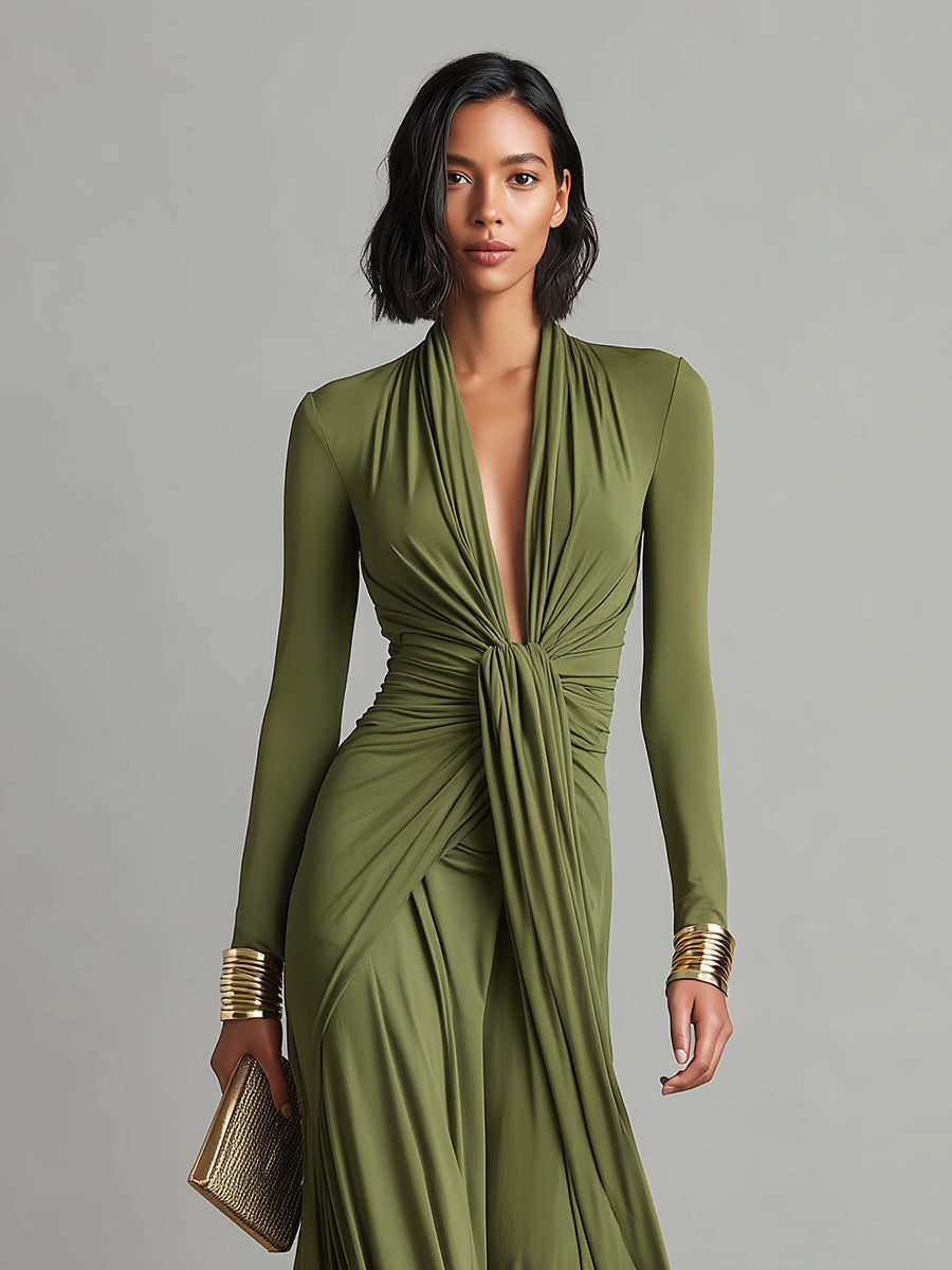 Women's Deep V-Neck Maxi Dress – Flowing Formal Evening Style