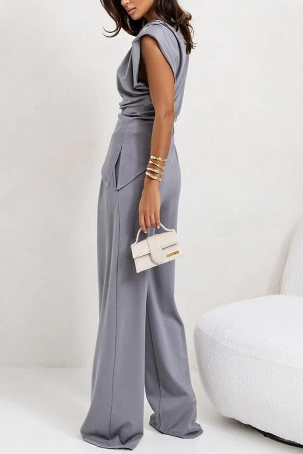 Women's Draped Party Set – Asymmetrical Wide-Leg Trouser Outfit