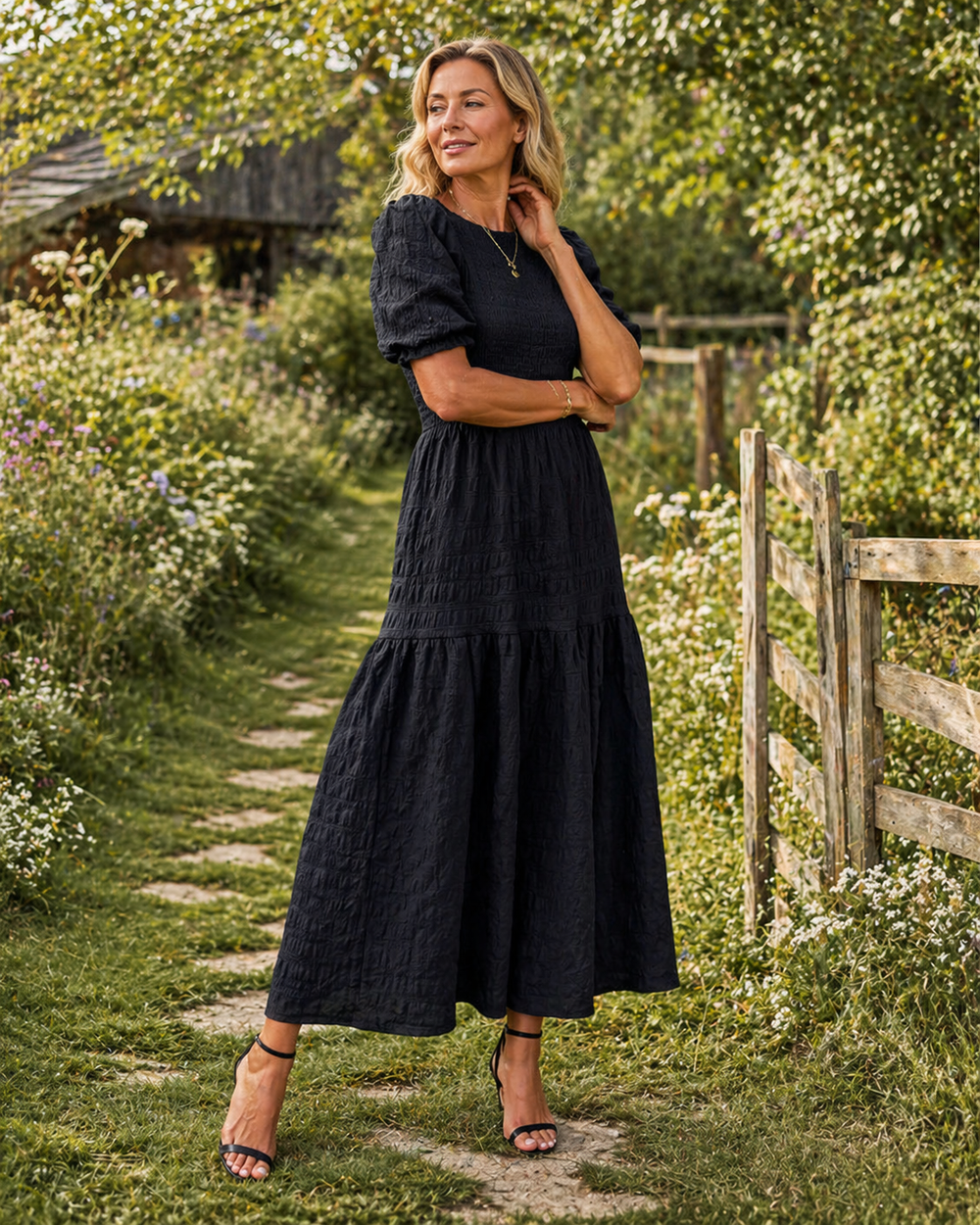 Women's Elegant Puff-Sleeve Maxi Dress – Refined Long Occasion Style