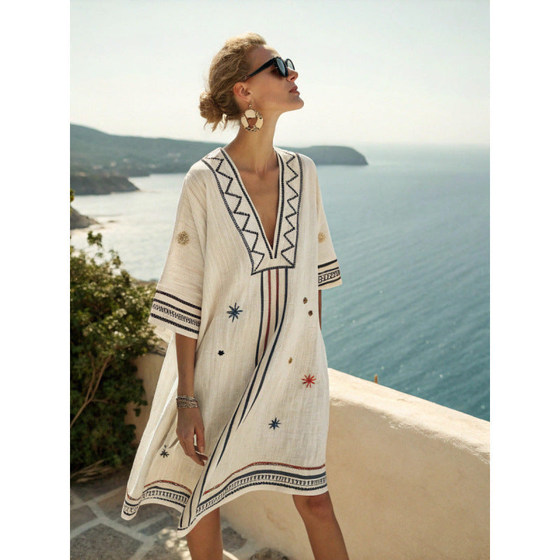 Women's Embroidered Boho Kaftan Dress – Cotton-Linen Summer Style