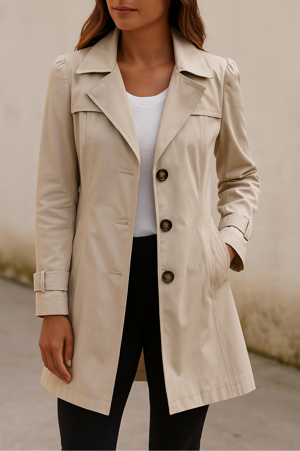 Women’s Fitted Button-Front Trench Coat with Classic Collar