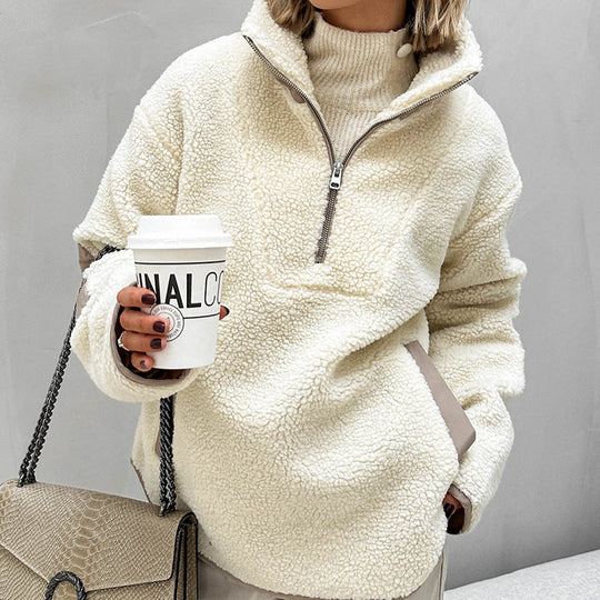 Women’s Fleece-Wool Lapel Sweater – Soft Loose Milky-White Knit