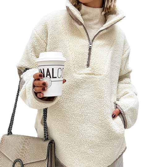 Women’s Fleece-Wool Lapel Sweater – Soft Loose Milky-White Knit
