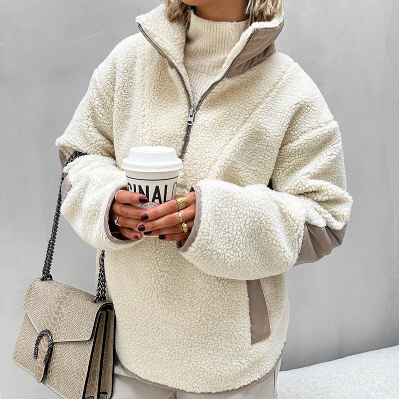 Women’s Fleece-Wool Lapel Sweater – Soft Loose Milky-White Knit