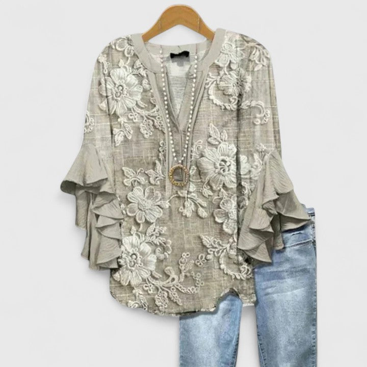 Women's Floral Blouse with Ruffled Short Sleeves and Round Neck, S–3XL