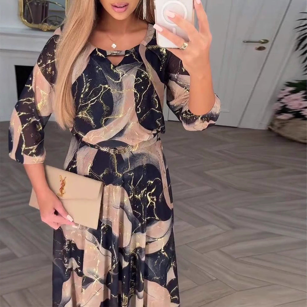 Women's Floral Boho Maxi Dress – Three-Quarter Sleeves