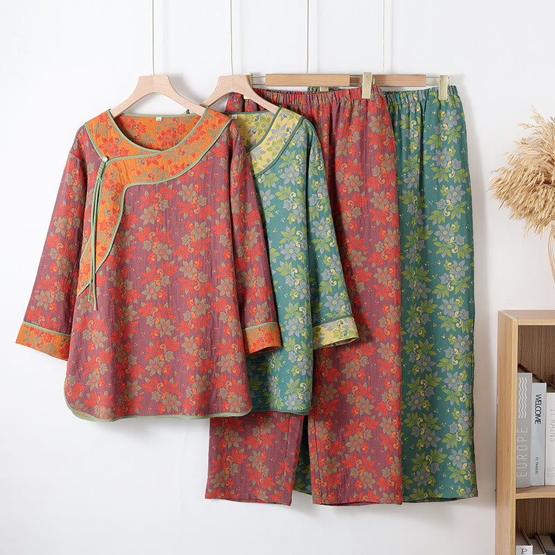 Women's Floral Cotton Gauze Pyjama Set – 2-Piece Sleepwear with Frog Buttons