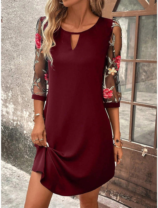 Women’s Floral Embroidered Mesh Mini Dress – Round-Neck Summer Style