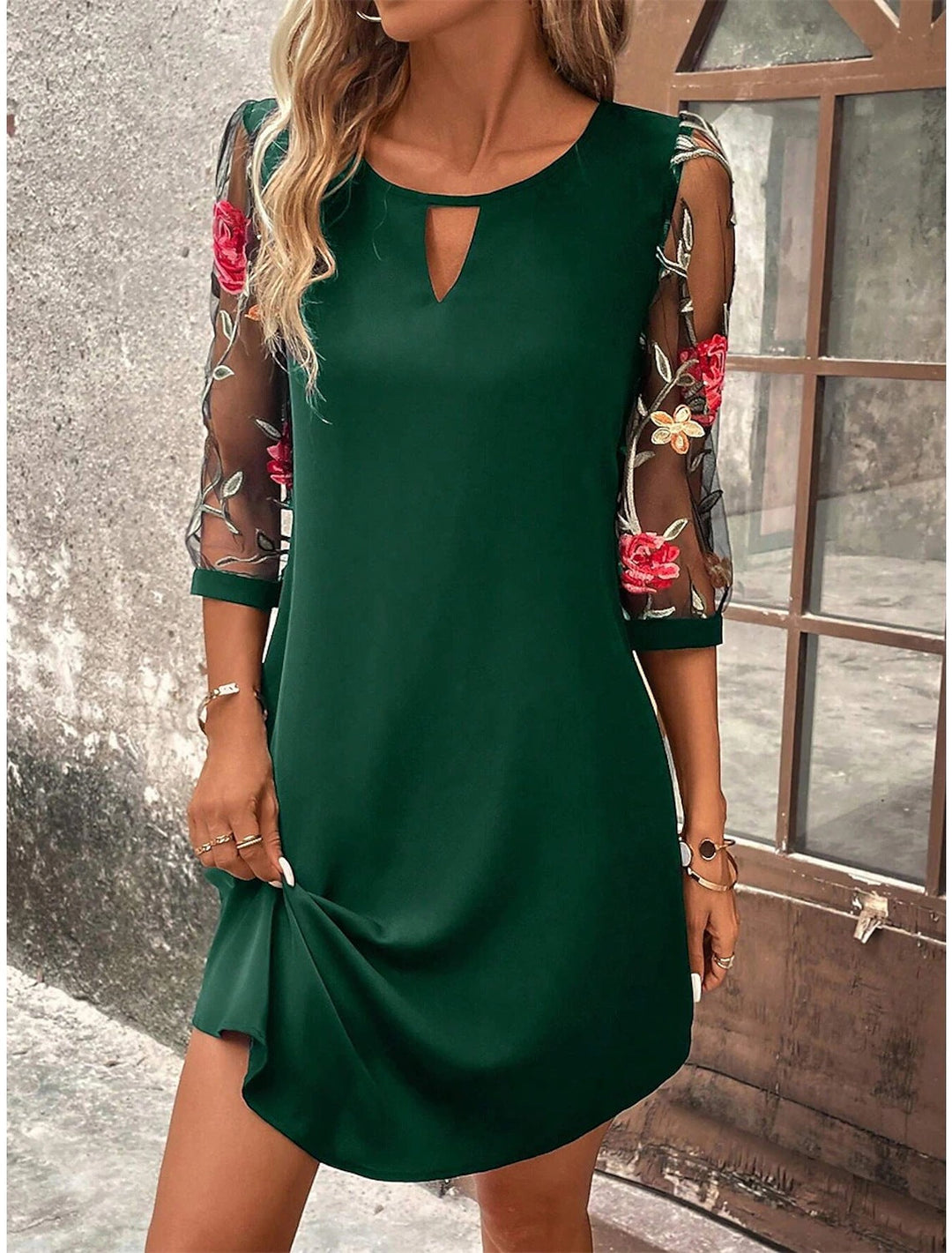 Women’s Floral Embroidered Mesh Mini Dress – Round-Neck Summer Style
