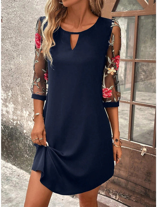 Women’s Floral Embroidered Mesh Mini Dress – Round-Neck Summer Style