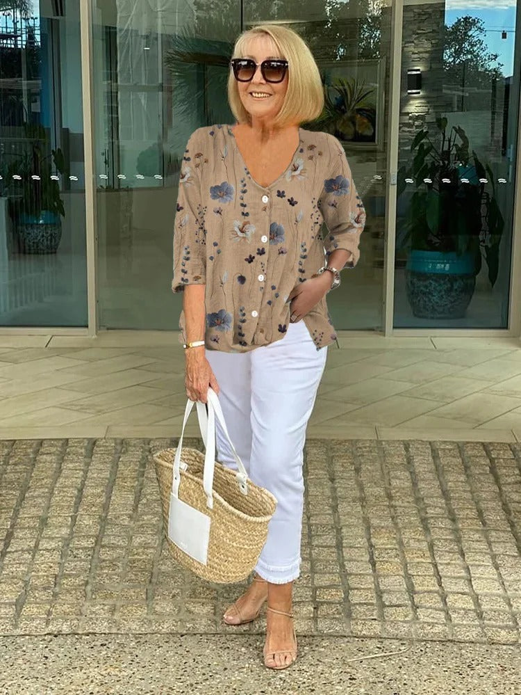Women's Floral Linen-Blend V-Neck Summer Blouse