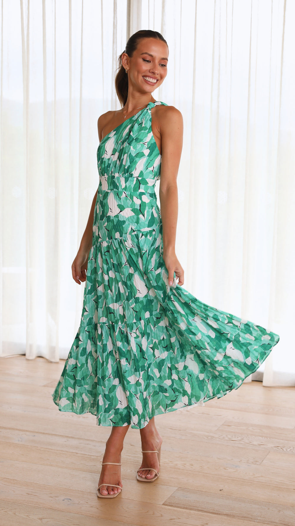 Women's Floral One-Shoulder Open-Back Midi Dress
