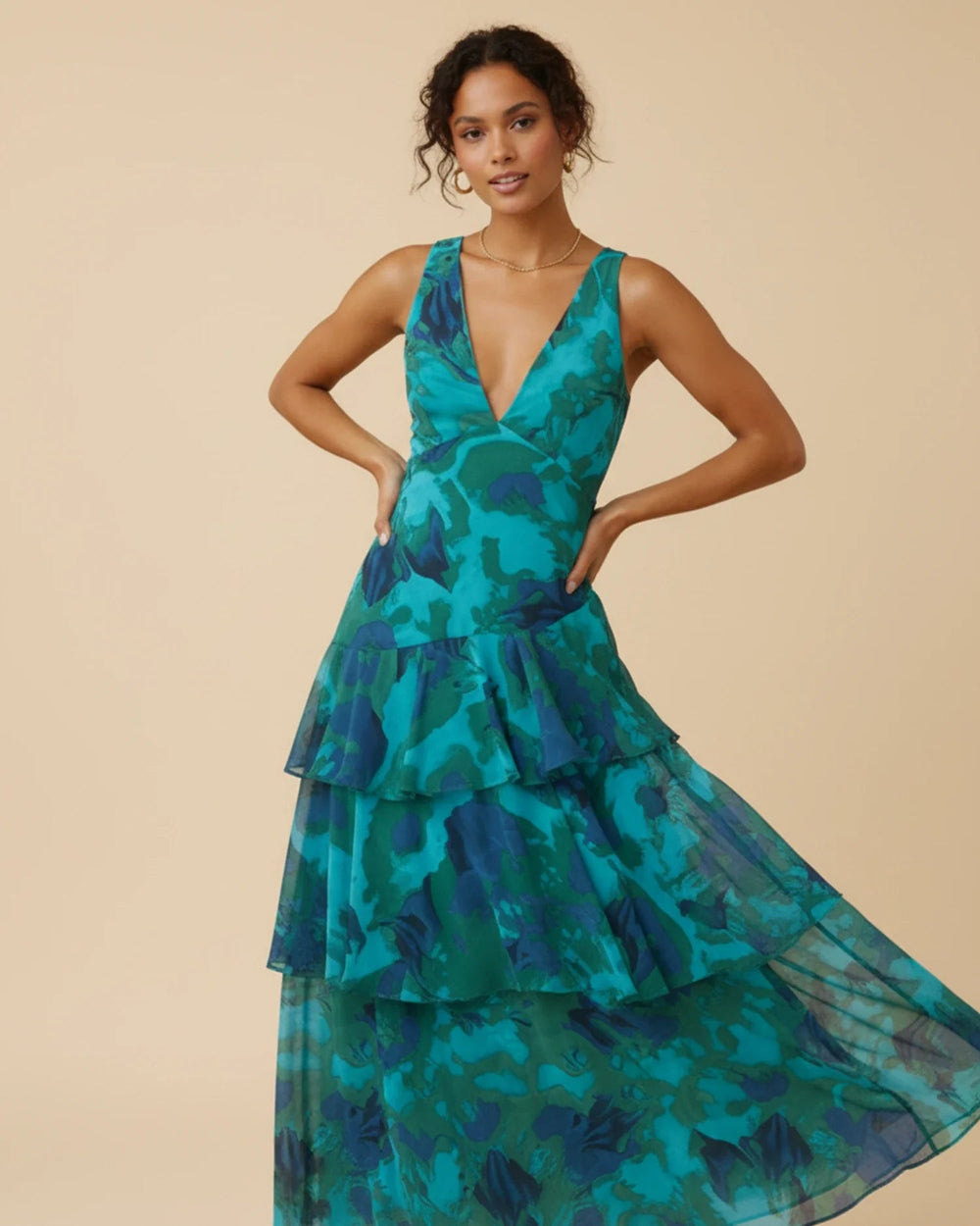 Women's Floral Ruffled Maxi Dress – Sleeveless V-Neck A-Line Style