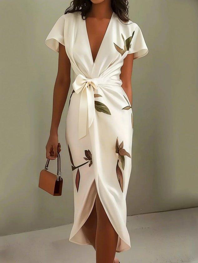 Women’s Floral Satin Wrap Midi Dress with Tie Waist